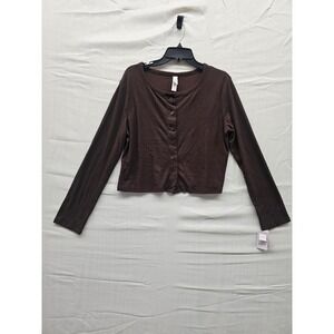 Auden Womens Ribbed Button Down Cardigan Top Brown Long Sleeve Cropped L
